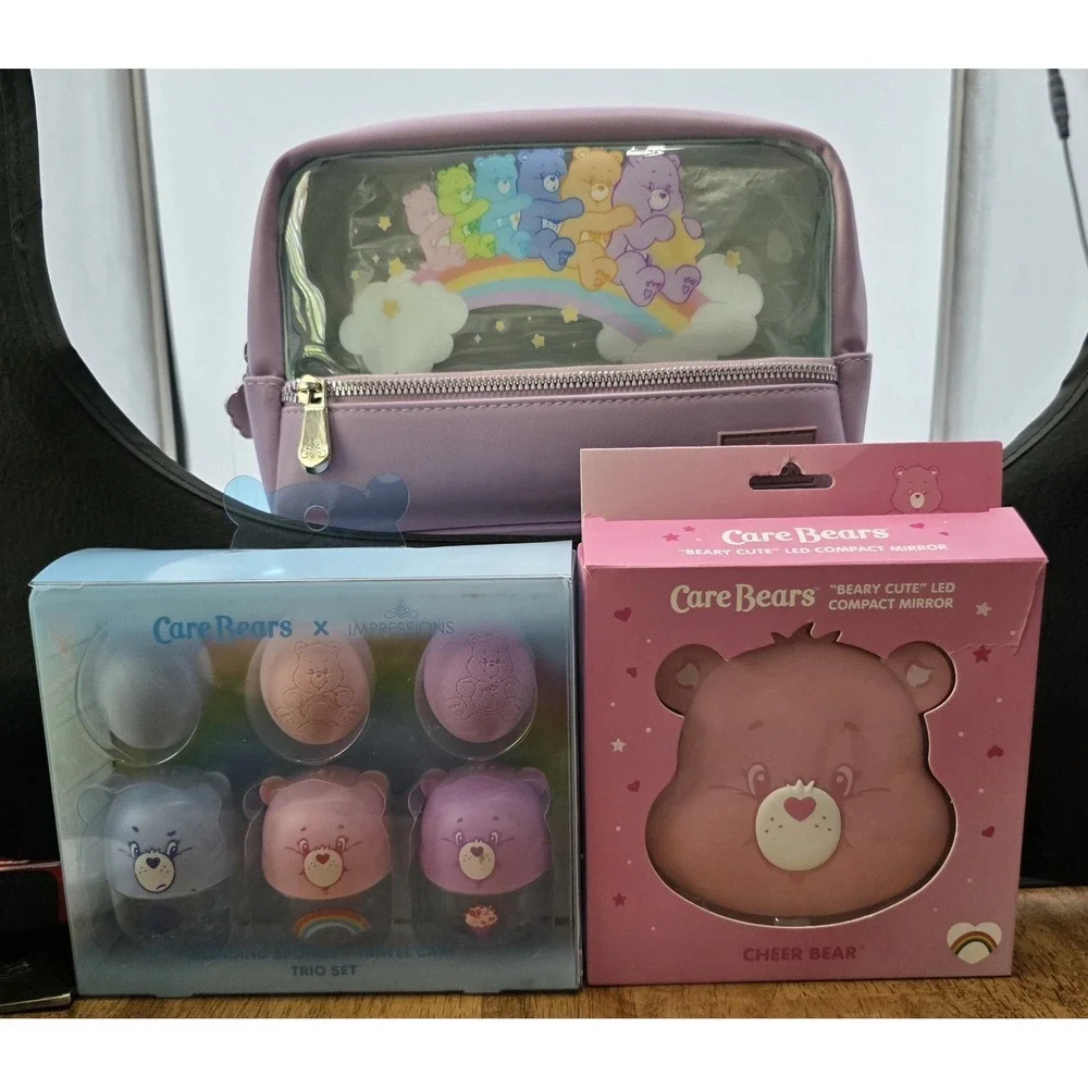 Care Bears Accessories Cosmetic Pouch‎ LED Mirror  Spong & Travel Case New #0188